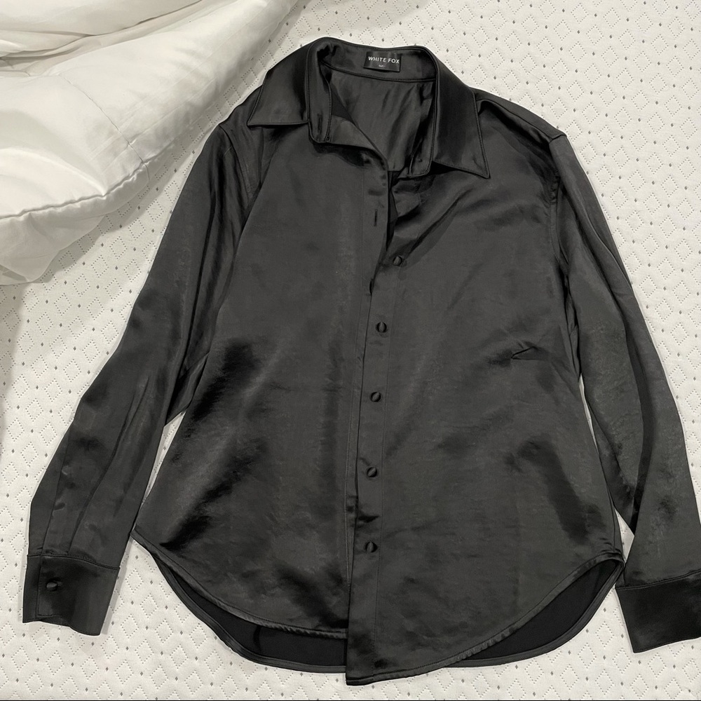 White Fox Boutique Black Satin Button-Down Shirt